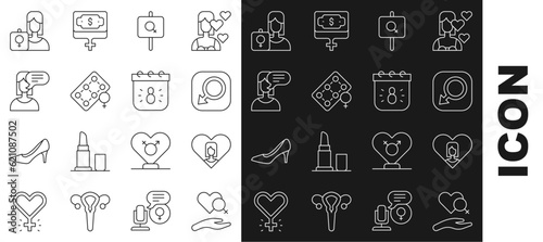 Set line Heart with female gender, Male, Feminist activist, Packaging of birth control pills, Female opinion, and Calendar 8 March icon. Vector
