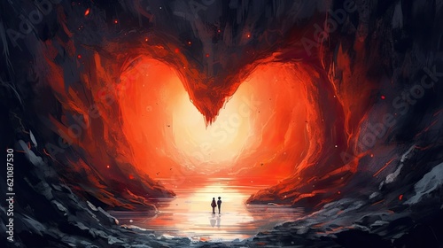 Love idea art lady with heart cave  dream nature landscape  imagination painting  illustration  conceptual artwork