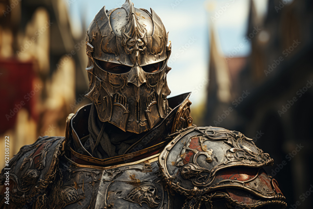 The gallant knight is depicted with his sword and shield, evoking a ...