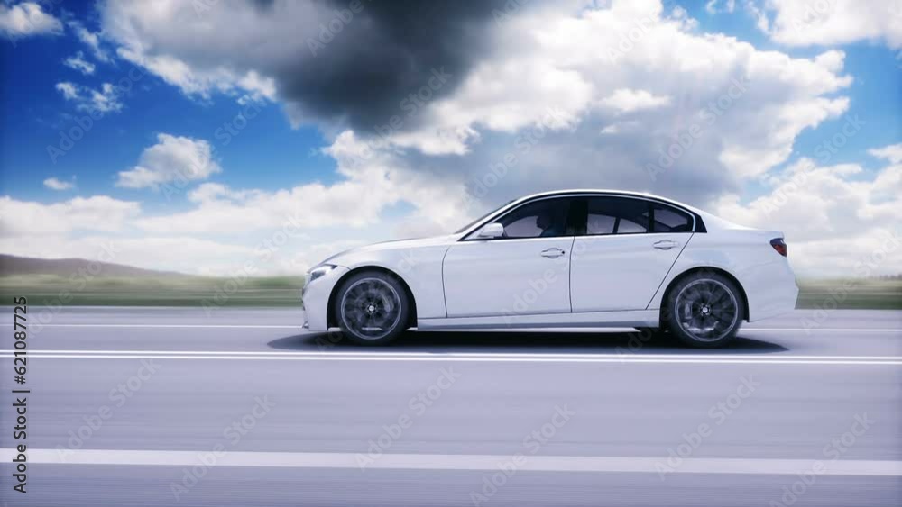 Generic white car on highway. Very fast driving. Generic white car on highway. Very fast driving.