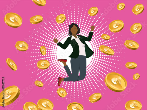 ユーロ高、金融のイメージのフラットイラスト：ジャンプする黒人女性ビジネスマンと爆発する通貨