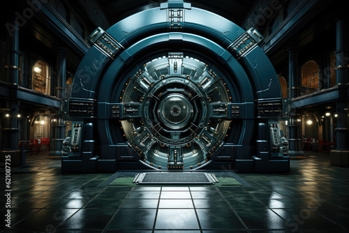 The concept of bank vault door locker safety and security is conveyed, emphasizing the importance of protecting valuable assets. Generative Ai.