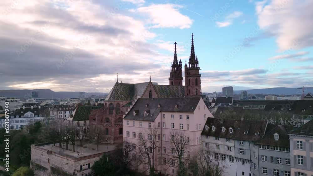 Aerial view of Munster Cathedral by the Rhein River in Basel, Switzerland Aerial view of Munster Cathedral by the Rhein River in Basel, Switzerland
