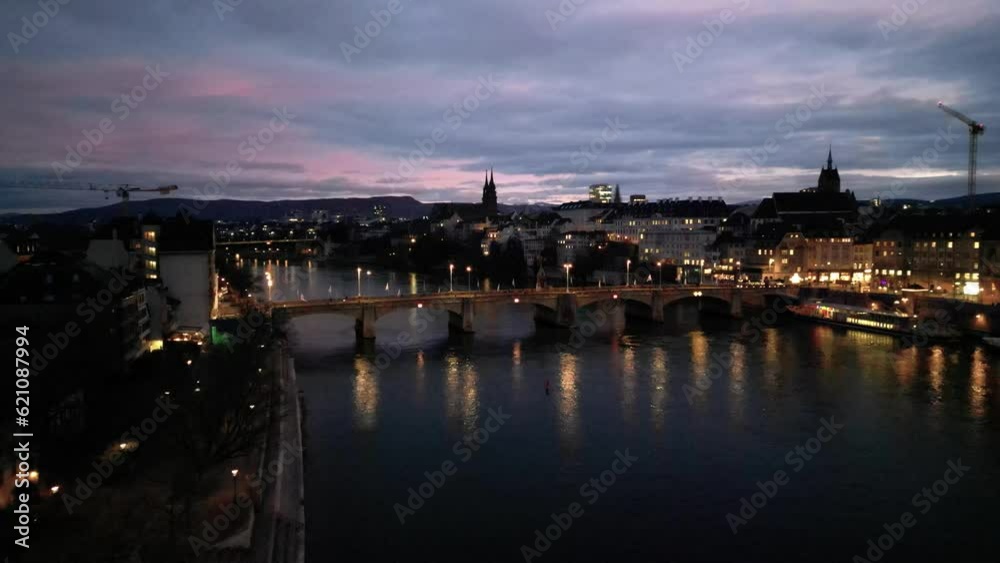 Aerial evening view of Munster Church and Middle Bridge on Rhein in Basel, Switzerland Aerial evening view of Munster Church and Middle Bridge on Rhein in Basel, Switzerland