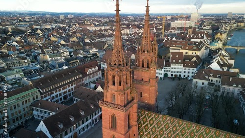 Aerial view of Munster Cathedral in Basel, Switzerland (ID: 621087945)