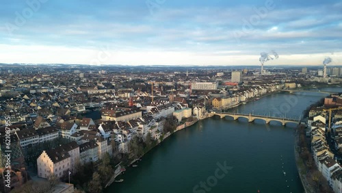 Aerial view of Rhein River and Old Stone Bridge in Basel, Switzerland (ID: 621087955)
