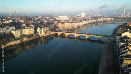 Panoramic Aerial Morning View of Rhein River in Basel, Switzerland (ID: 621087988)