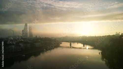 Aerial View of Rhein and Skyscrapers, Clouds and Morning Sun in Basel, Switzerland (ID: 621087990)