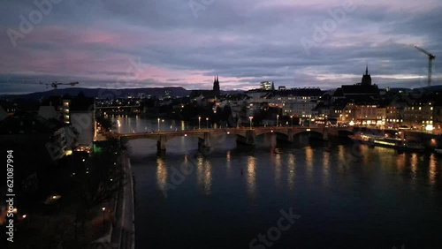 Aerial evening view of Munster Church and Middle Bridge on Rhein in Basel, Switzerland (ID: 621087994)
