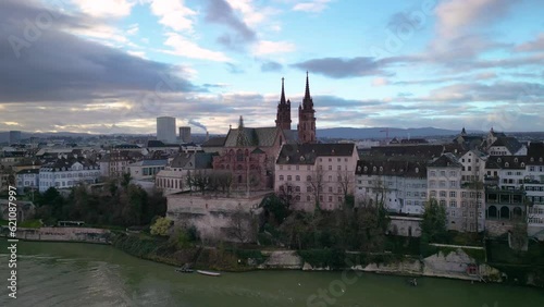 Aerial view of Munster Church by the Rhein River in Basel, Switzerland (ID: 621087997)