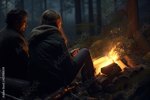 two people relaxing by a campfire in the forest Generative AI