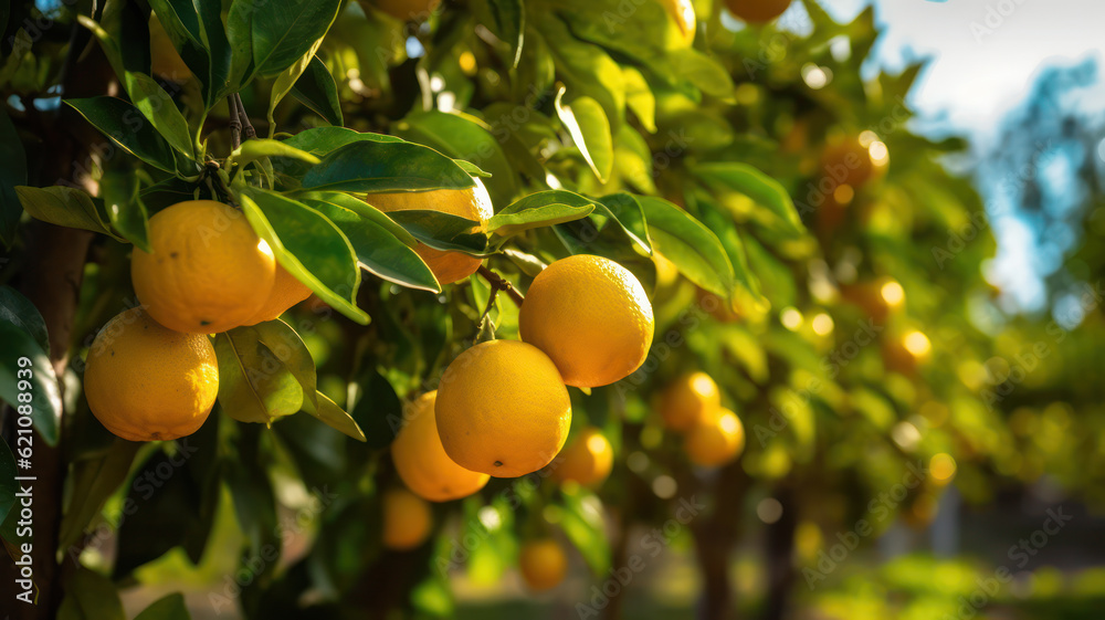 Fresh oranges on a tree, Freshly grown oranges on a farm, AI generated Fresh oranges on a tree, Freshly grown oranges on a farm, AI generated