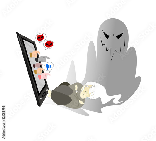 Cyber ​​bullying in social network and online abuse concept.Girl crying in front of the phone.Young are disliked, make negative comments, ridicule, satire, heartbreaking, stressful.