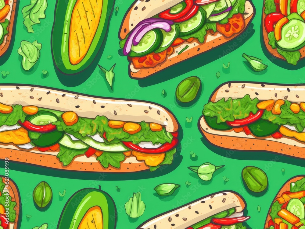 Submarine Sandwiches drawn style seamless tiles (generative AI)