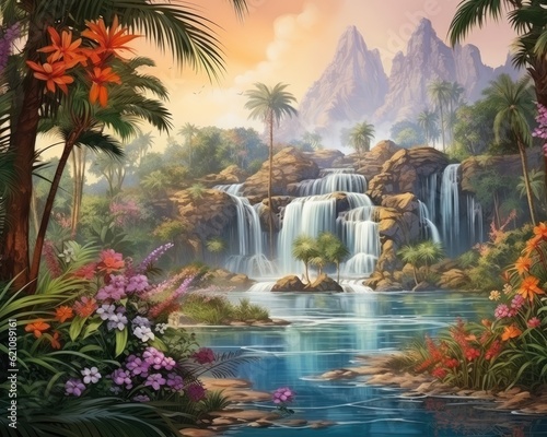 Panoramic banner showcasing a beautiful tropical waterfall. (Illustration, Generative AI) © HandmadePictures