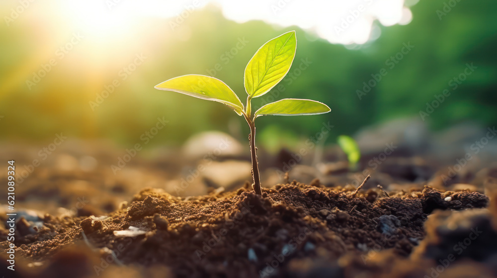 Growing Seedling with Morning Sunshine on Green Bokeh Background, AI generated Growing Seedling with Morning Sunshine on Green Bokeh Background, AI generated