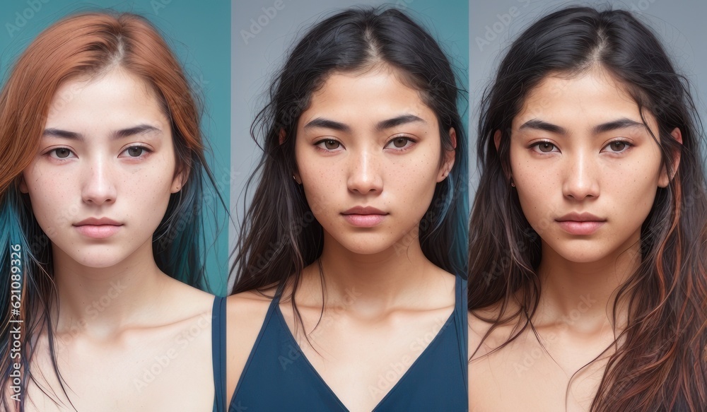 Collage of Cheerful positive group of young women diverse nationalities posing at camera togeher, wearing fashionable casual outfit, international friendship concept. people diversity. Generative AI
