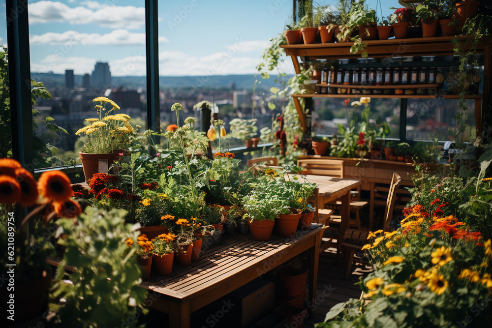 A lush rooftop garden in a bustling city with flowers, vegetables, and plants