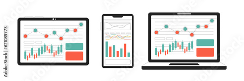 Devices with diagrams and charts monochrome flat vector object. Business statistics. Editable black and white thin line icon. Simple cartoon clip art spot illustration for web graphic design
