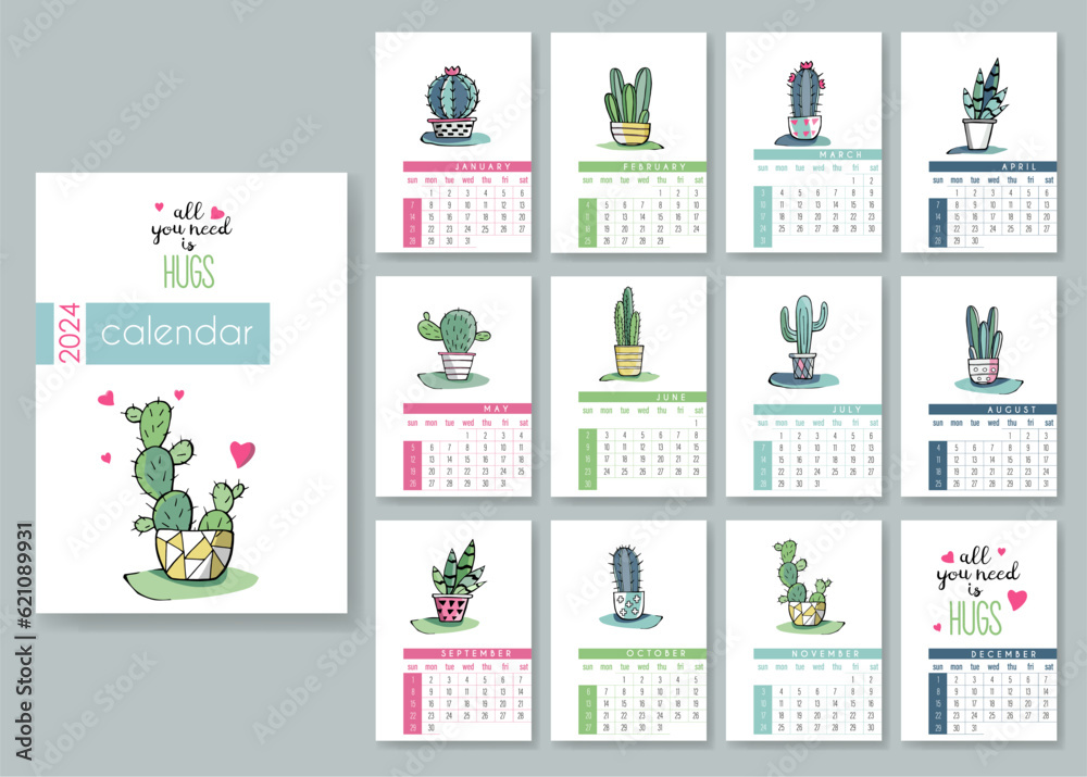 Calendar 2024 with cute cactuses in scandinavian style. Week Starts on Sunday. Set of 12 Months calendars. Great for kids, nursery, poster, print. Minimalistic style. . Vector illustration. Calendar 2024 with cute cactuses in scandinavian style. Week Starts on Sunday. Set of 12 Months calendars. Great for kids, nursery, poster, print. Minimalistic style. . Vector illustration.