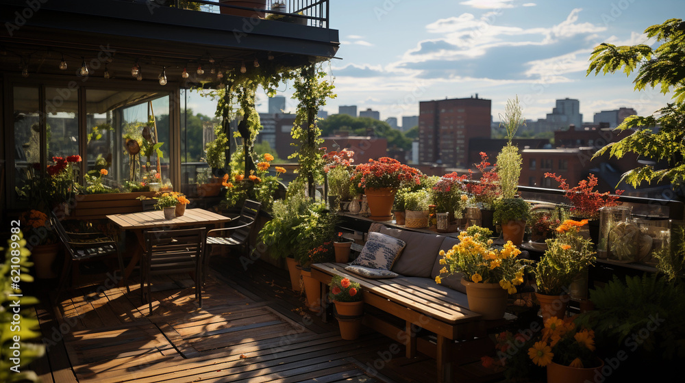 A lush rooftop garden in a bustling city with flowers, vegetables, and plants