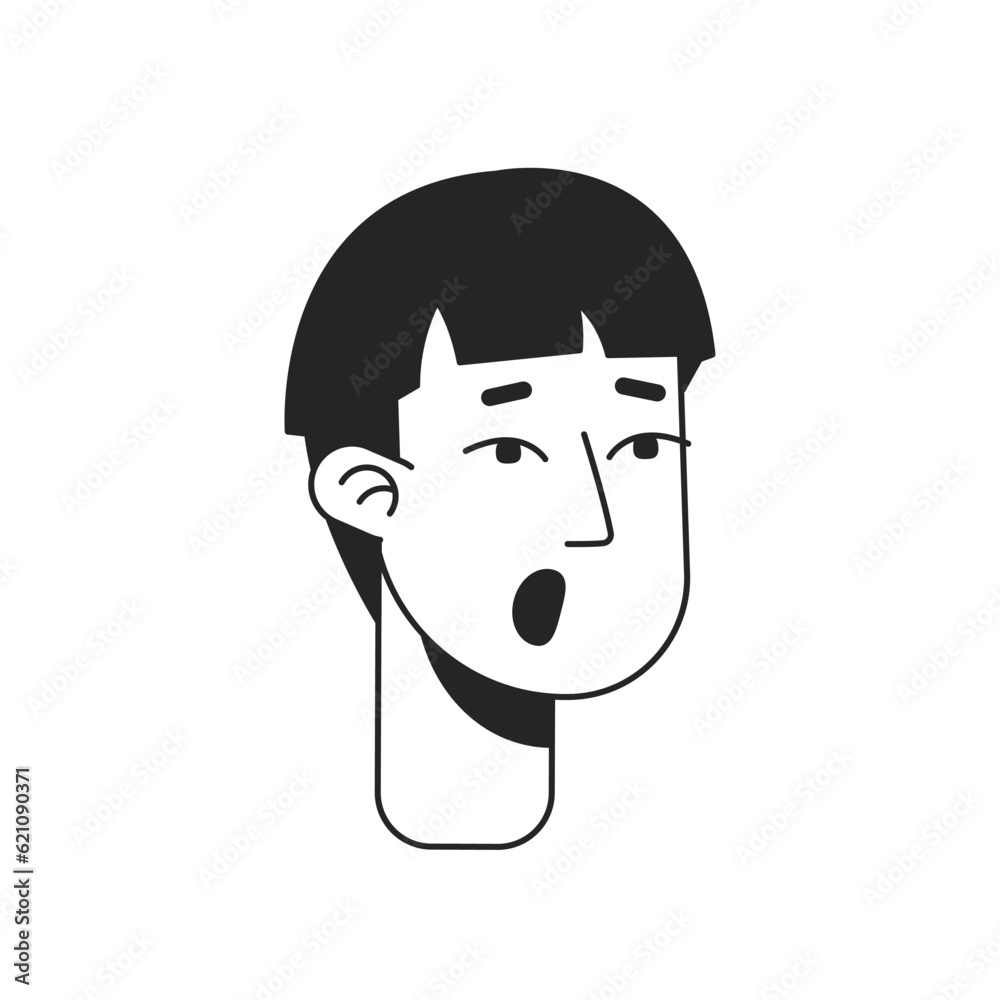 Shocked young man monochrome flat linear character head. Teenager with short haircut. Editable outline hand drawn human face icon. 2D cartoon spot vector avatar illustration for animation