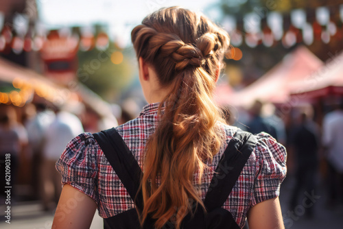 Blonde woman dressed in typical German clothing at Oktoberfest. Generative AI.
