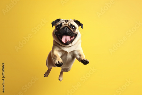 Happy Pug dog jumping on yellow background. Banner concept for pet shop, e commerce pet, veterinary clinics. Generative AI.
