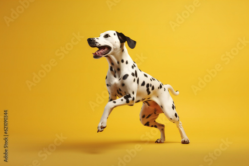 Happy Dalmatian dog jumping on yellow background. Banner concept for pet shop, e commerce pet, veterinary clinics. Generative AI.