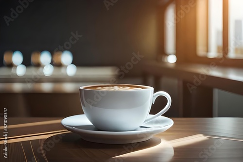 A cup of coffee is on the table . Delicious dawn coffee. Creative resource, AI Generated