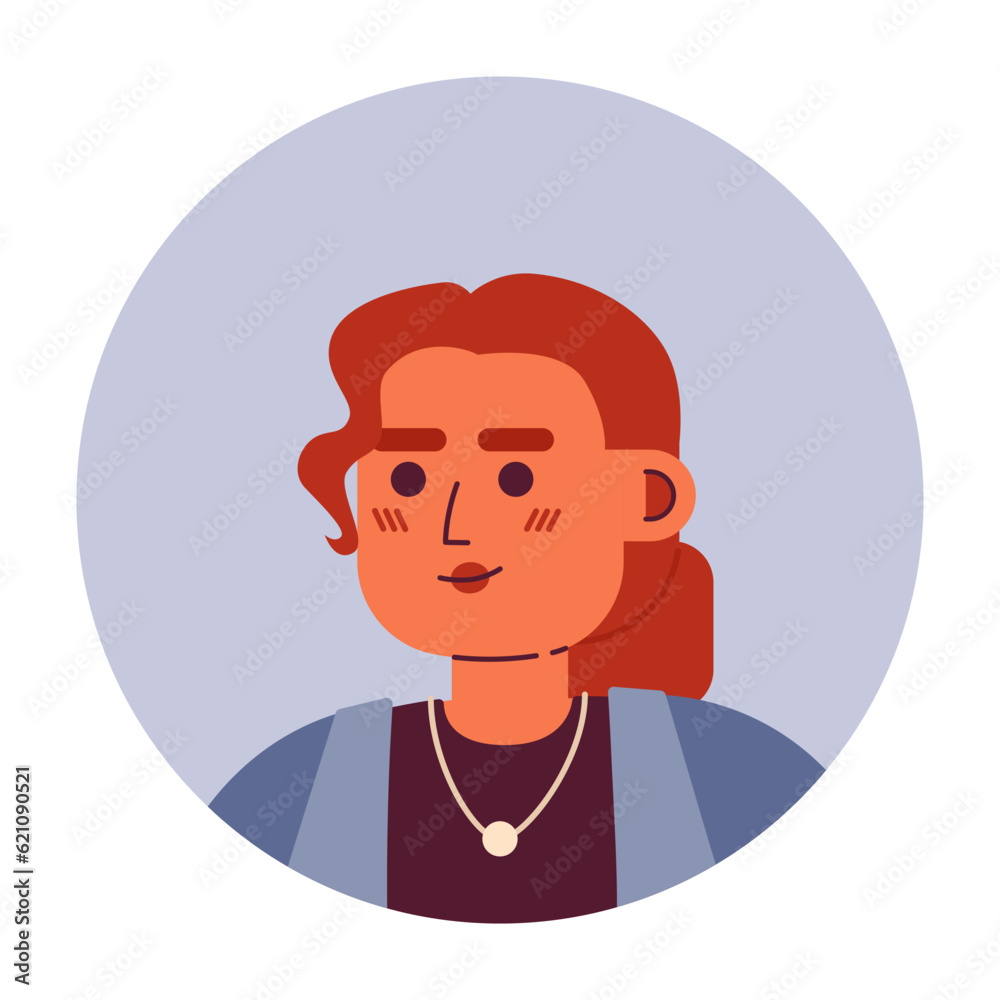 Beautiful positive young woman semi flat vector character head. Red hair and curly bangs. Editable cartoon avatar icon. Face emotion. Colorful spot illustration for web graphic design, animation Beautiful positive young woman semi flat vector character head. Red hair and curly bangs. Editable cartoon avatar icon. Face emotion. Colorful spot illustration for web graphic design, animation