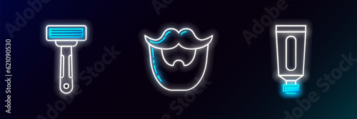 Set line Cream or lotion cosmetic tube, Shaving razor and Mustache and beard icon. Glowing neon. Vector