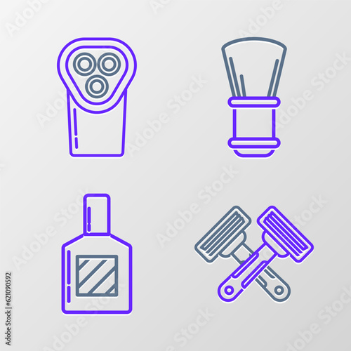 Set line Crossed shaving razor, Aftershave, Shaving brush and Electrical hair clipper shaver icon. Vector