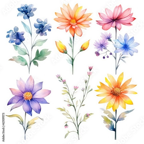 Watercolor wild floral illustration set, wild flowers, poster, romance, greeting, spring, bouquet, pattern, decoration collection branches. illustration isolated on white background.