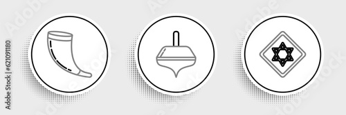 Set line Star of David, Traditional ram horn, shofar and Hanukkah dreidel icon. Vector