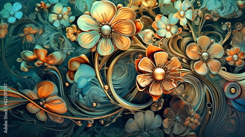 Abstract whimsical floral background.  Whimsical volumetric metallic flowers. 3D metallic flower design wallpaper.