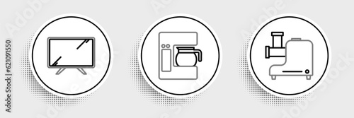 Set line Kitchen meat grinder, Smart Tv and Coffee machine with glass pot icon. Vector