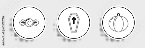Set line Pumpkin, Candy and Coffin with christian cross icon. Vector