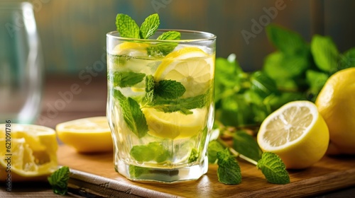 Mint and lemon flavor a mojito cocktail. A refreshing glass of sweet-and-sour lemonade topped with fresh lemon slices is the ideal summer beverage. lemonade made with ice, mint, and lemon