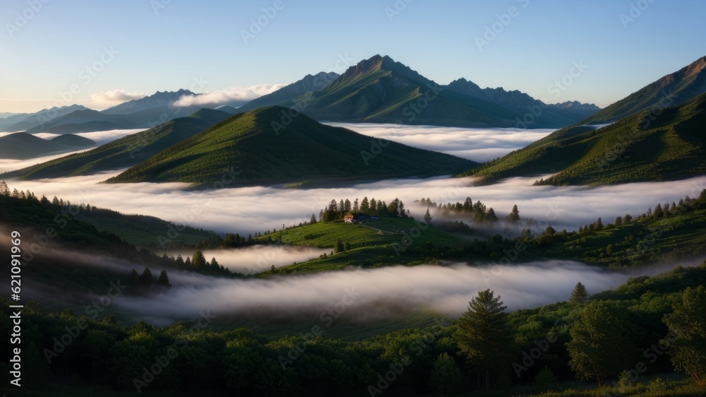 Obraz premium batch afforest fog morning mystic. Creative resource, AI Generated