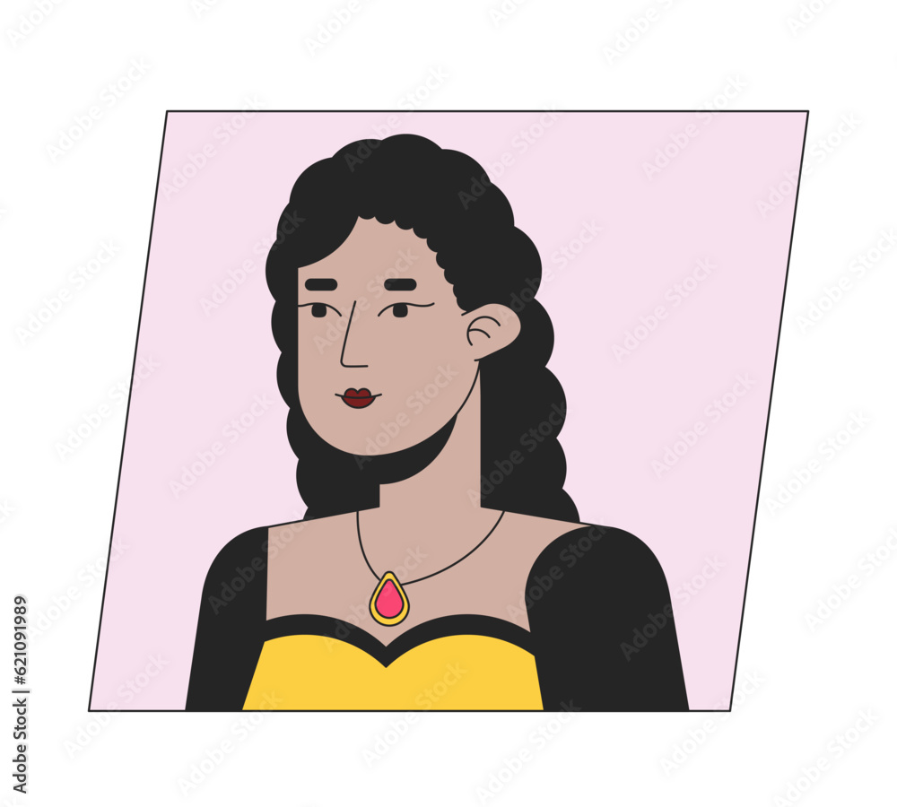 Cute hispanic woman with necklace on neck flat color cartoon avatar icon. Editable 2D user portrait linear illustration. Isolated vector face profile clipart. Userpic, person head and shoulders