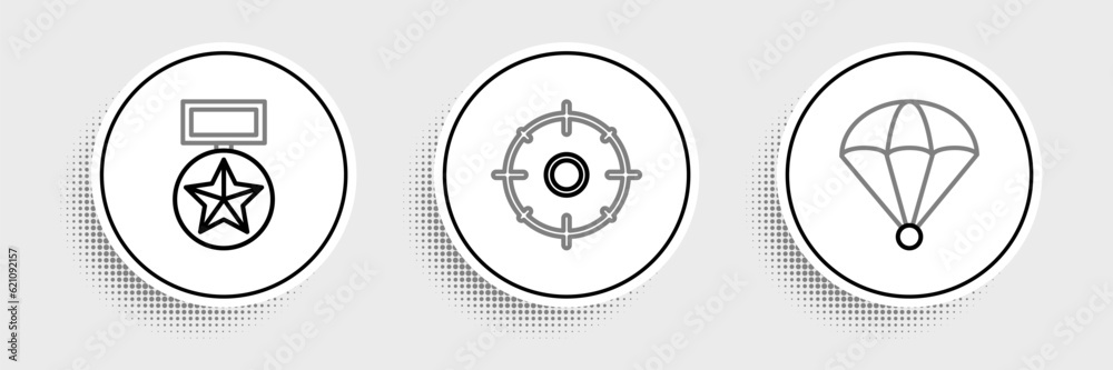 Set line Parachute, Military reward medal and Target sport for shooting competition icon. Vector Set line Parachute, Military reward medal and Target sport for shooting competition icon. Vector