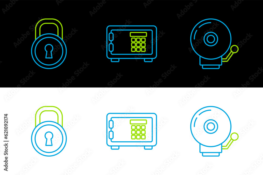 Set line Ringing alarm bell, Lock and Safe icon. Vector Set line Ringing alarm bell, Lock and Safe icon. Vector