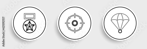 Set line Parachute, Military reward medal and Target sport for shooting competition icon. Vector