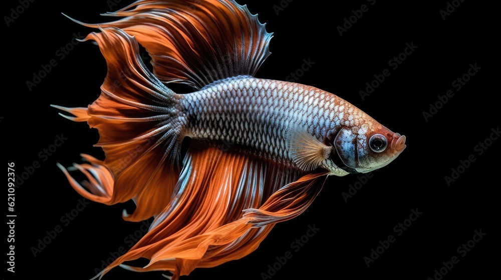 Moment of movement of a brown and grey half moon siamese betta fish