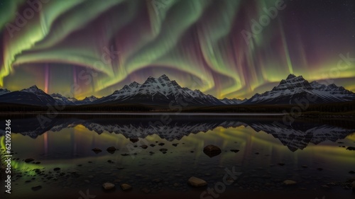 The most beautiful batch under an incredible aurora borealis reflecting in the water as if it were a pipe dream. Creative resource, AI Generated