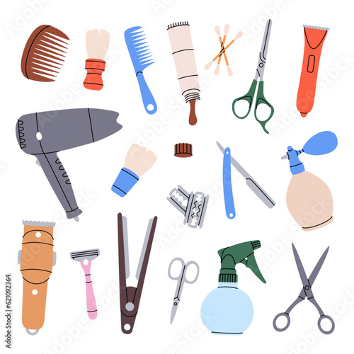 Barber shop tools set. Hairdressing tool kit. Comb, shaving brush, dryer, hair clipper, straightener, razor blade, spray bottle. Vector illustration