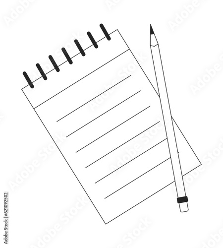 Notebook with pencil flat monochrome isolated vector object. Items for takes notes. Editable black and white line art drawing. Simple outline spot illustration for web graphic design