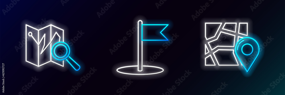Set line Folded map with location marker, and Flag icon. Glowing neon. Vector Set line Folded map with location marker, and Flag icon. Glowing neon. Vector