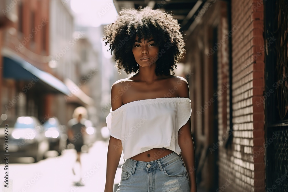 Portrait of afro american woman at summer walking enjoy.